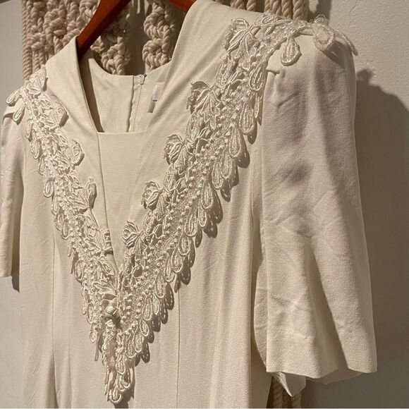 VNTG 80s Jeffrey Dara Dress SZ 14 White Lace Wedding Shoulder Pads Midi Boho - Picture 2 of 7